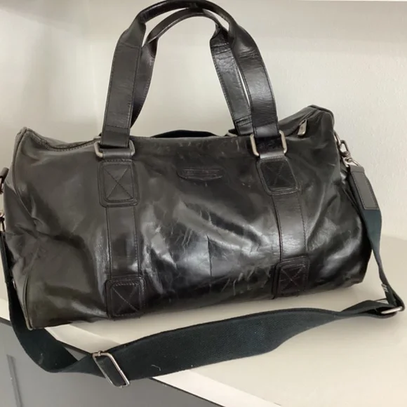 MEN’S FOSSIL BRAND BLACK LEATHER DUFFLE TRAVEL LARGE BAG - Picture 11 of 16